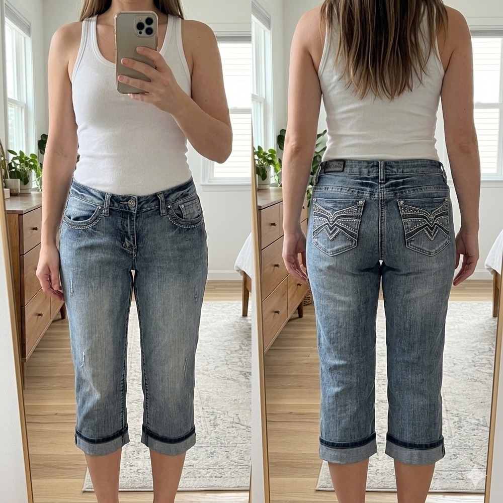 Earl Jean Y2K Bling Rhinestone Denim Capri Jeans Size 10 Medium Wash Cuffed Crop